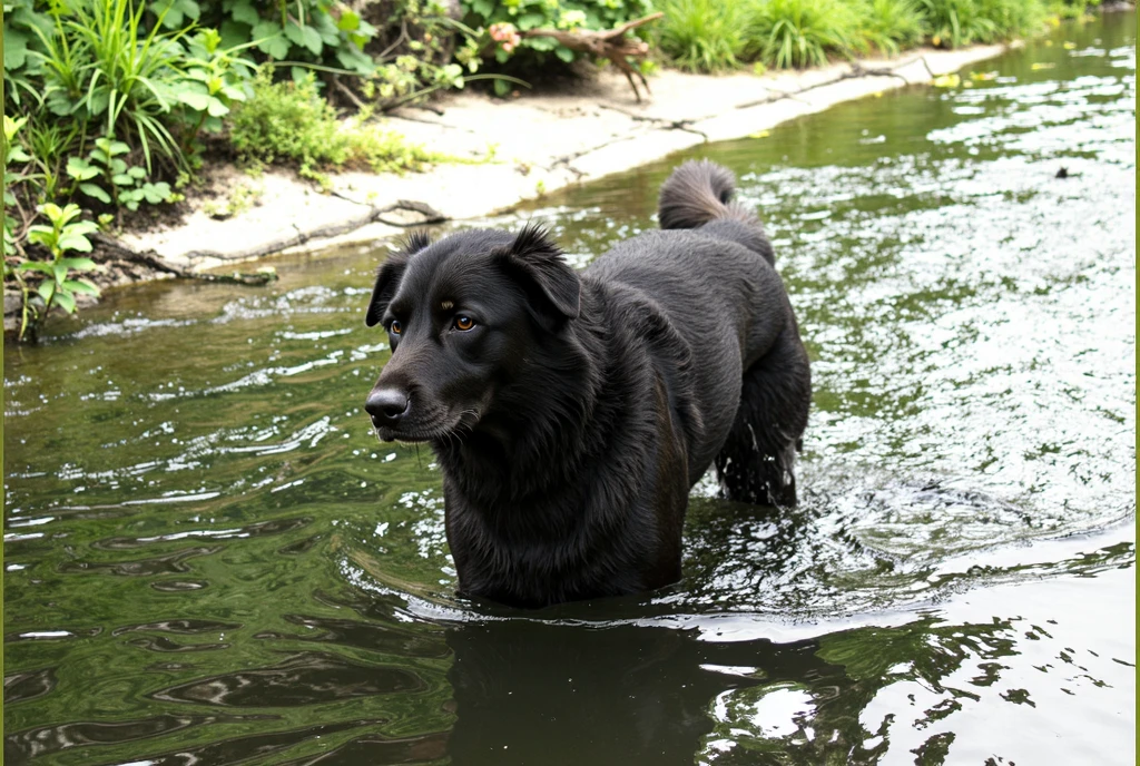 there is an anime style character black dog that is standing in the water, dog, at the waterside, black dog, a handsome, in a pond, in the water, a dog, river in front of him, the photo shows a large, bear, labrador, menacing!, playing with the water, emerging from the water, wet fur, handsome, nice face
