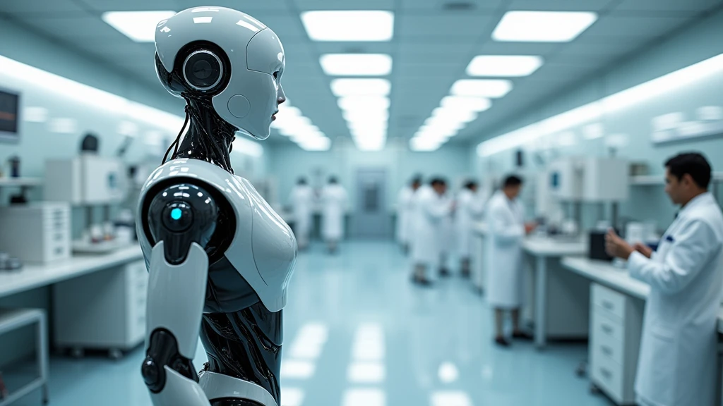 : A sleek humanoid robot in an advanced research lab, its reflective metallic surface glinting under bright, sterile lights. 8k
