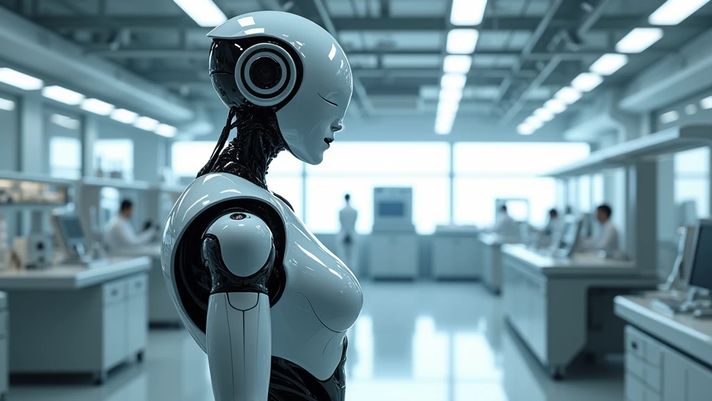 : A sleek humanoid robot in an advanced research lab, its reflective metallic surface glinting under bright, sterile lights. 8k