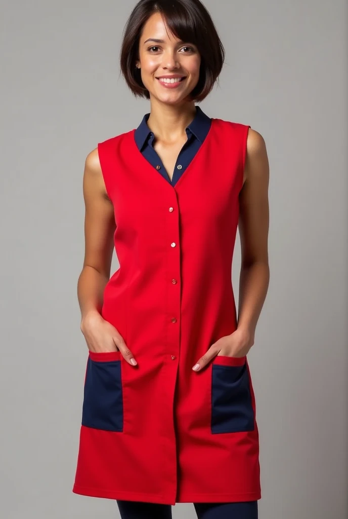 Short fitted sleeveless teacher smock in bright red, with navy blue details on the pockets. With a closure at the front instead of buttons. With V neck
