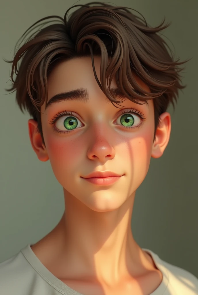Create a picture that looks real of a teenager boy with brown hair color and green eyes