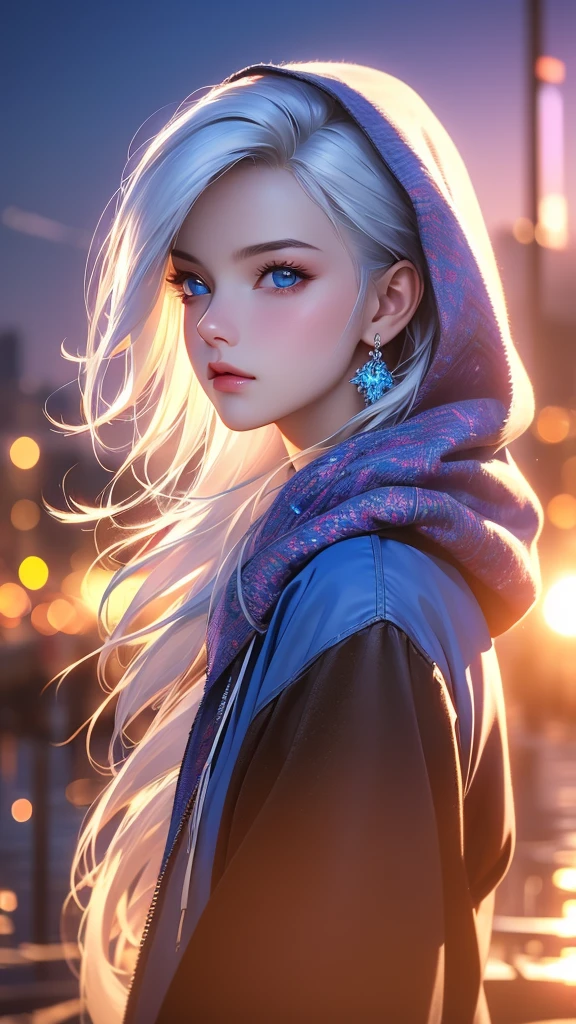 a girl with beautiful blue eyes, white hair, blue hoodie with hood down, single earring, looking directly at viewer, upper body, sunset background, (best quality,4k,8k,highres,masterpiece:1.2),ultra-detailed,(realistic,photorealistic,photo-realistic:1.37),HDR,UHD,studio lighting,ultra-fine painting,sharp focus,physically-based rendering,extreme detail description,professional,vivid colors,bokeh,portrait