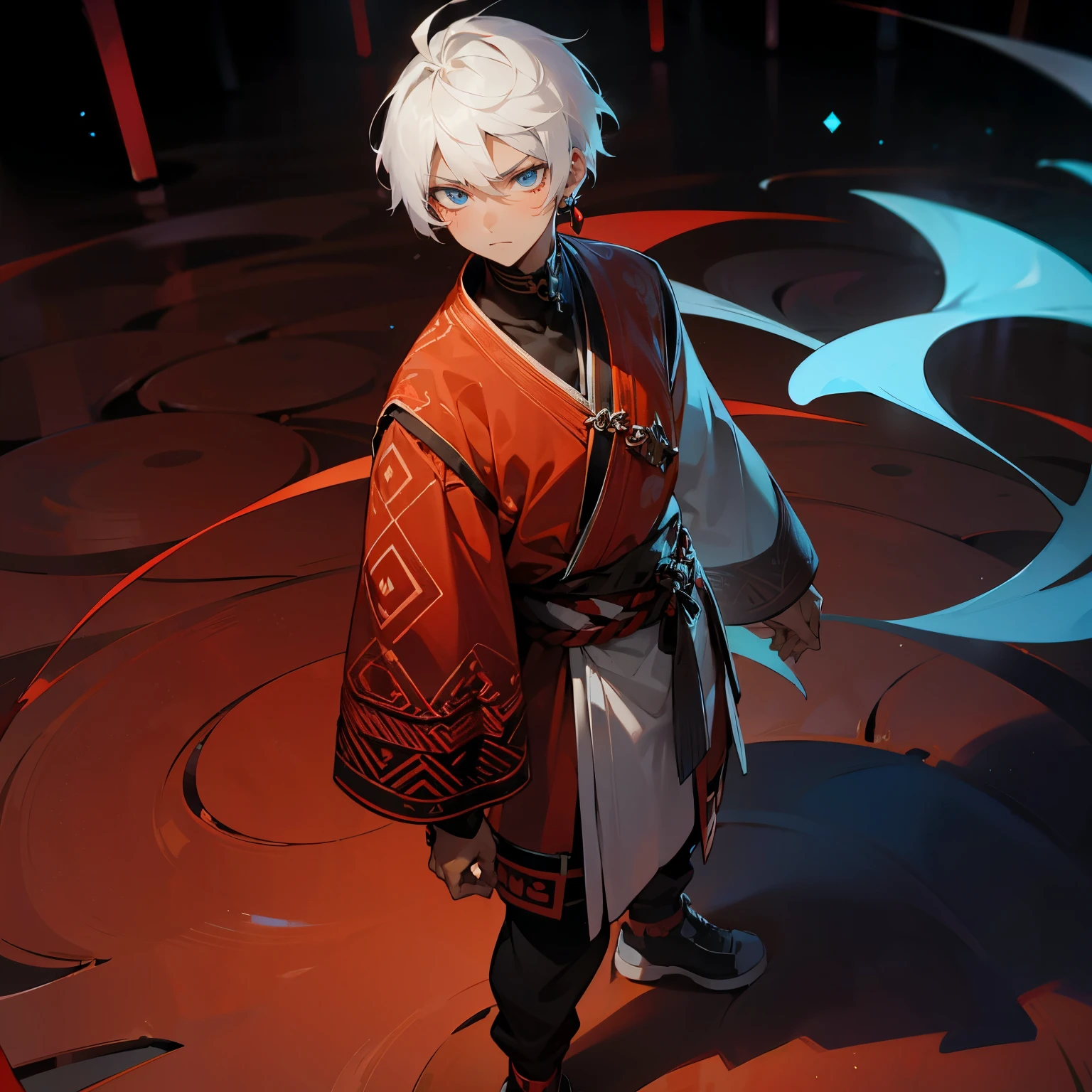 1male, Modern Undercut Hair ,Young Male, Curly White Hair , Pale Blue Eyes , Dark Skin , Black Yukata with Red Swirl Designs on the sleeve , Serious Expression , Standing on path, Red Tribal tattoos on one arm