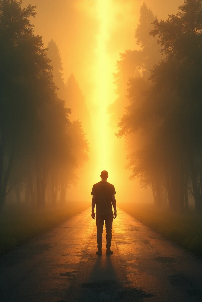 A person standing at a crossroads, bathed in the warm golden light of dawn. Two paths diverge before them, one shrouded in shadow, the other leading towards a bright and inviting landscape. The person is looking towards the brighter path, with a sense of hope and determination in their eyes.