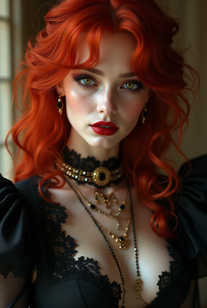 A very beautiful toreador vampire with extremely red hair, Your eyes have heterochromia., she also has freckles, She has noble origins and is very fond of jewelry and always wears high heels., your high heel is elegant and chic