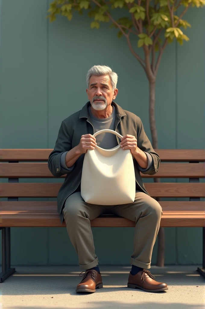 A man sitting on the name HELSING, showing a bag without a logo