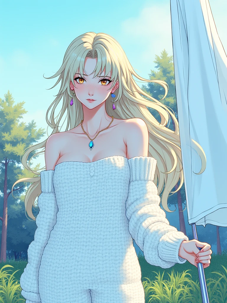 1girl in, 19, Solo, Long hair, Colossal , Looking at Viewer, blondehair, Bare shoulders, Brown eyes, jewely, Full body, a necklace, off shoulders, Sweaters, Realistic, A sexy