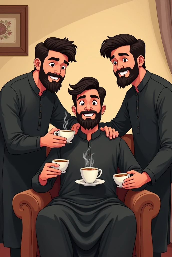 middle boy is sitting on a chair and two boys are standing and Have a hand on the shoulder of the person sitting on chair. Everyone should have a cup of tea in their hands. All should wear black shalwar kameez. Have smiling faces. Everyone 19/20 year، Everyone has a beard. All look in front of ، not each other. cartoon