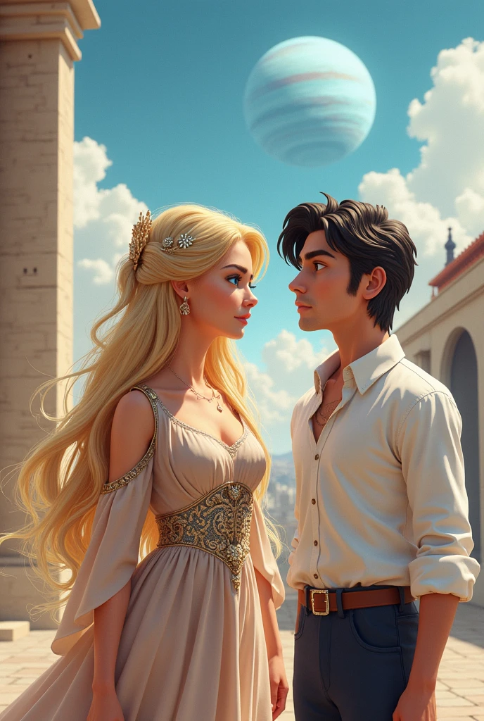 Create the cover for my book, A Princess in Türkiye, put the title in Brazilian Portuguese.A blonde princess with blue eyes, with an elegant dress that mixes traditional elements in soft tones.a dark haired man, dressed in casual clothes, like a white shirt and dark pants, which contrasts with the princess's more royal appearance.Scenario:Ao fundo, a building perhaps something reminiscent of modern Turkish architecture, .A distant planet visible in the sky, 3D realistic, put the title of the book and my author name Kelly Ramos