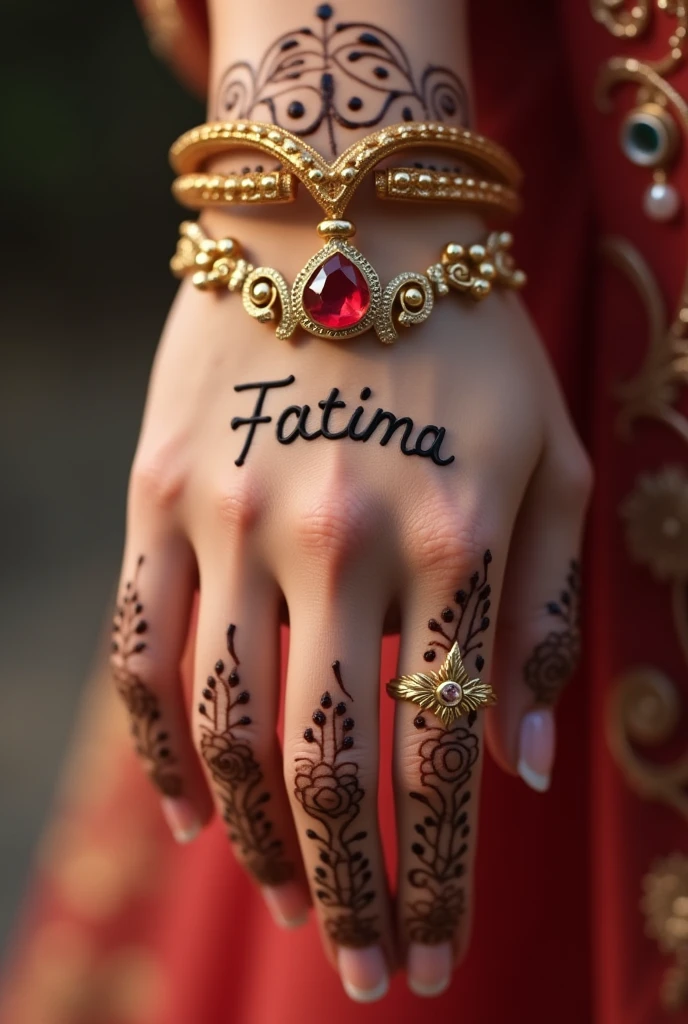 Generate a closeup pic of a girl hand wearing gold bracelet with red diamond, hand full of on her hand mehandi name "Fatima" clearly with spelling must be correct and accurate as it is mentioned realistic picture hd quality.