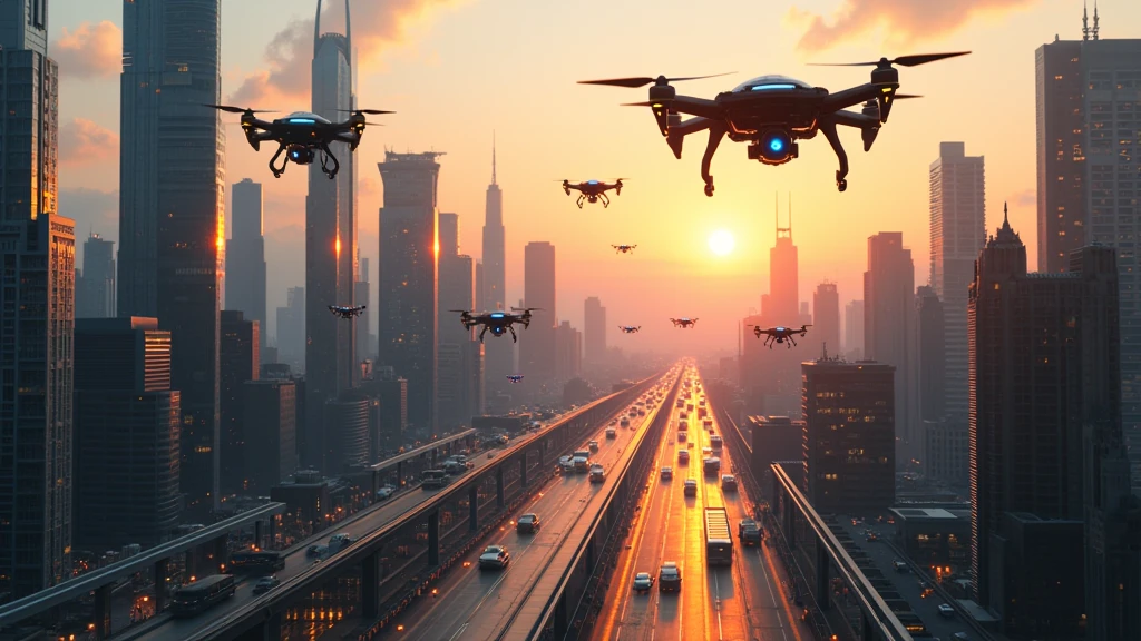 : A futuristic cityscape at dusk, with AI-powered drones hovering above, scanning the streets below for data. 8k  