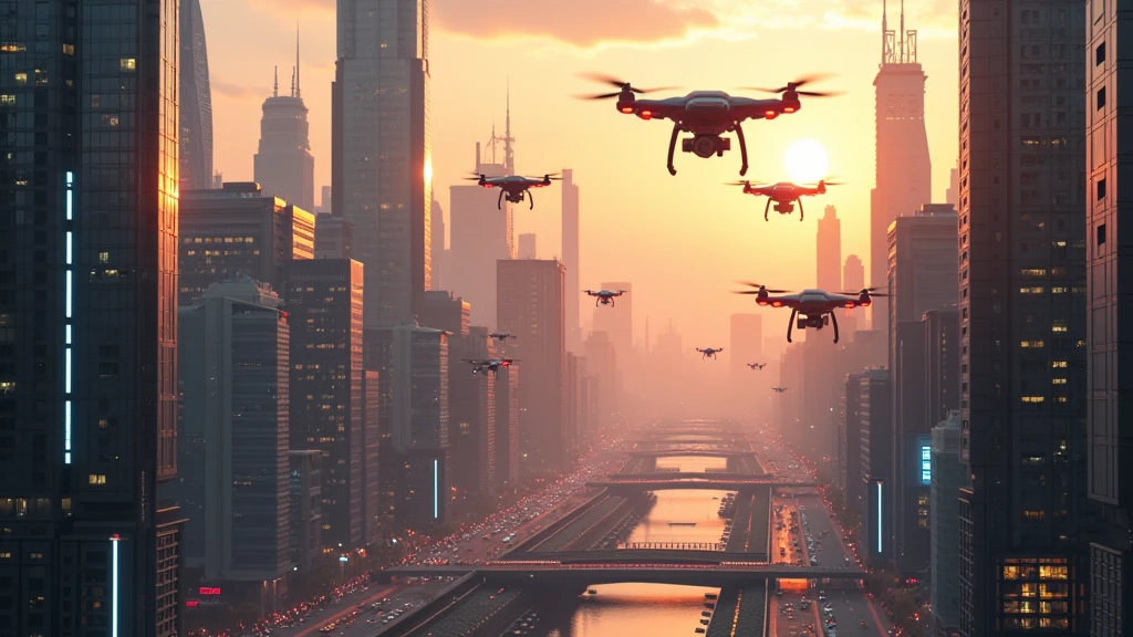 : A futuristic cityscape at dusk, with AI-powered drones hovering above, scanning the streets below for data. 8k