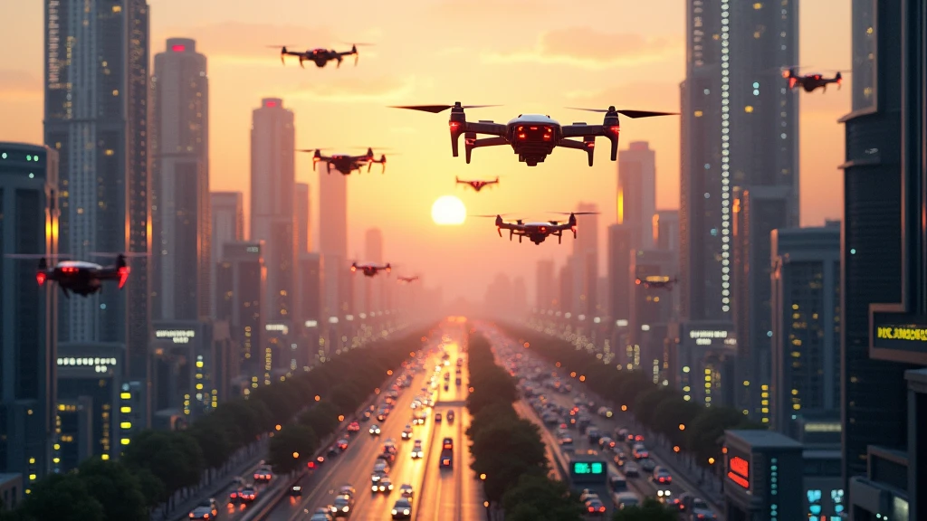: A futuristic cityscape at dusk, with AI-powered drones hovering above, scanning the streets below for data. 8k  