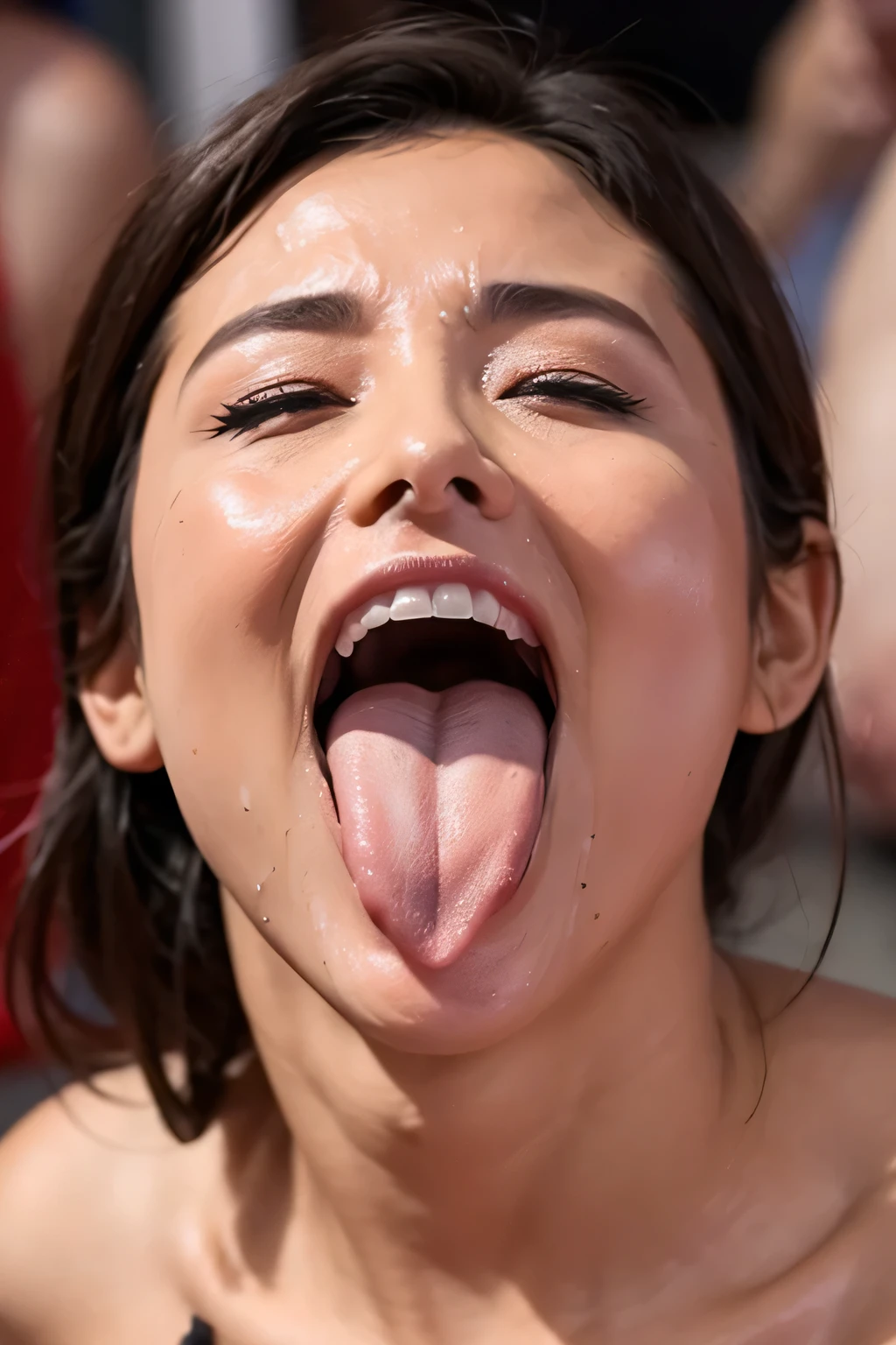 Flying debris,Award-winning photo, Very detailed, Edge Orgasm, Woman with open mouth and closed eyes , Sweaty skin、Lighting that highlights shiny sweat{{{Spread the word }}}, Black Hair、Browsing Caution,{{{{Crowd of elderly male spectators,Surrounded by men,}}}},(length, Narrow nostrils)、Raise your arms behind your head,(Sticking out a long tongue)