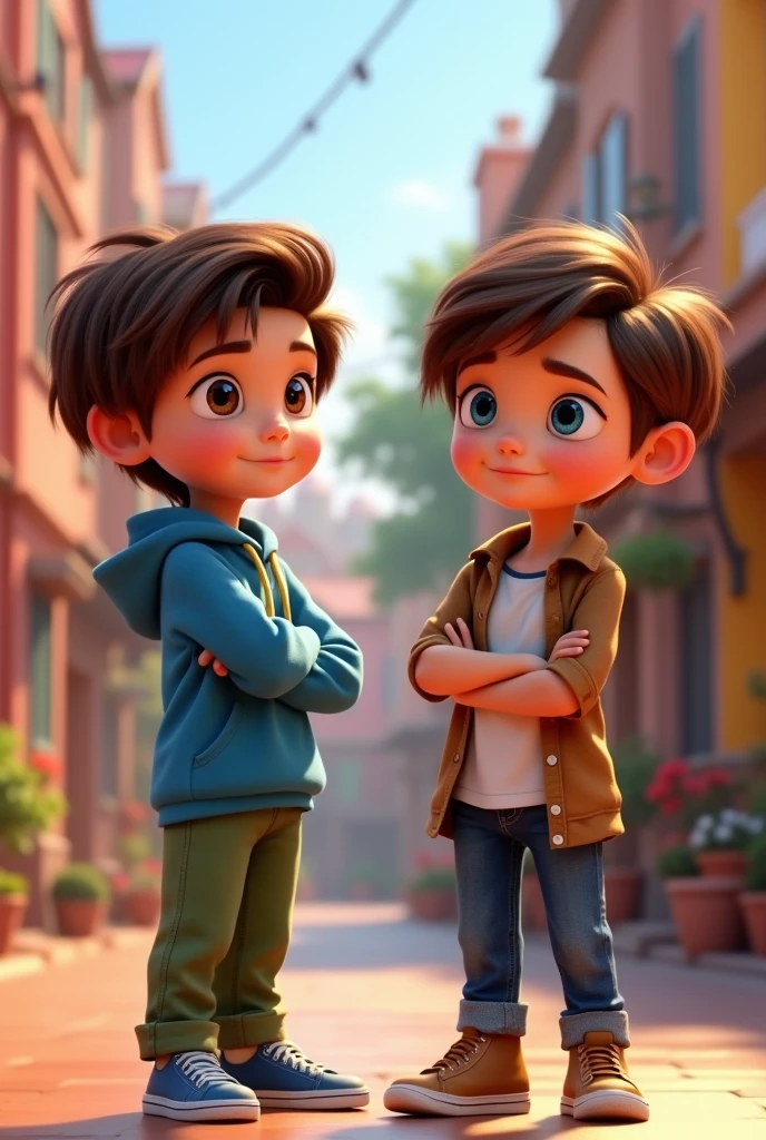 pixar style poster, with 3D animated characters. It shows two children in different angles and postures.. One with brown hair and brown eyes, with blue sweatshirt, green pants and sneakers, and the other, with brown hair, blue eyes, brown shirt, White T-shirt, jeans and brown pants. Thoughtful