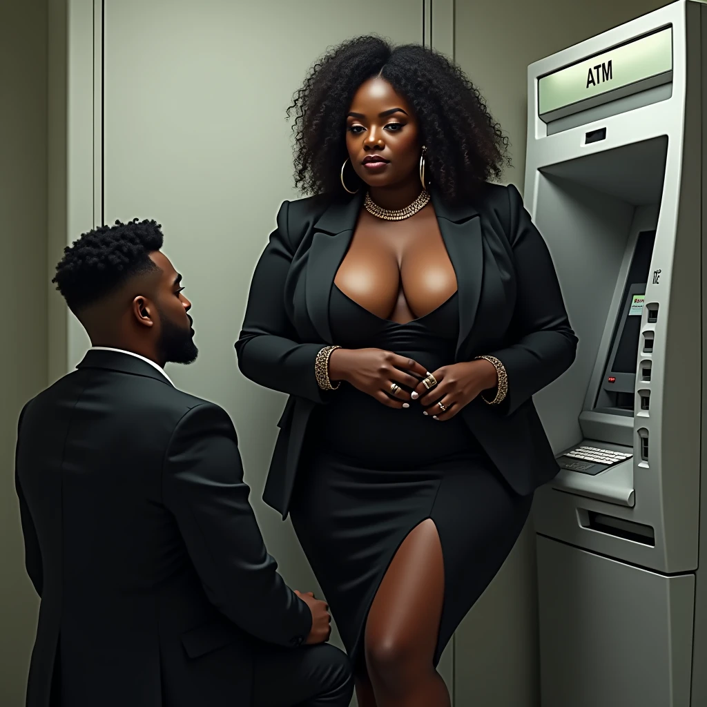(photorealism:1.2) dark skinnedplus size ebony bbw curvaous woman with a findom persona using man as human atm