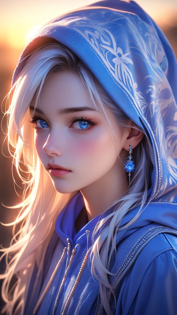 a girl with beautiful blue eyes, white hair, blue hoodie with hood down, single earring, looking directly at viewer, upper body, sunset background, (best quality,4k,8k,highres,masterpiece:1.2),ultra-detailed,(realistic,photorealistic,photo-realistic:1.37),HDR,UHD,studio lighting,ultra-fine painting,sharp focus,physically-based rendering,extreme detail description,professional,vivid colors,bokeh,portrait