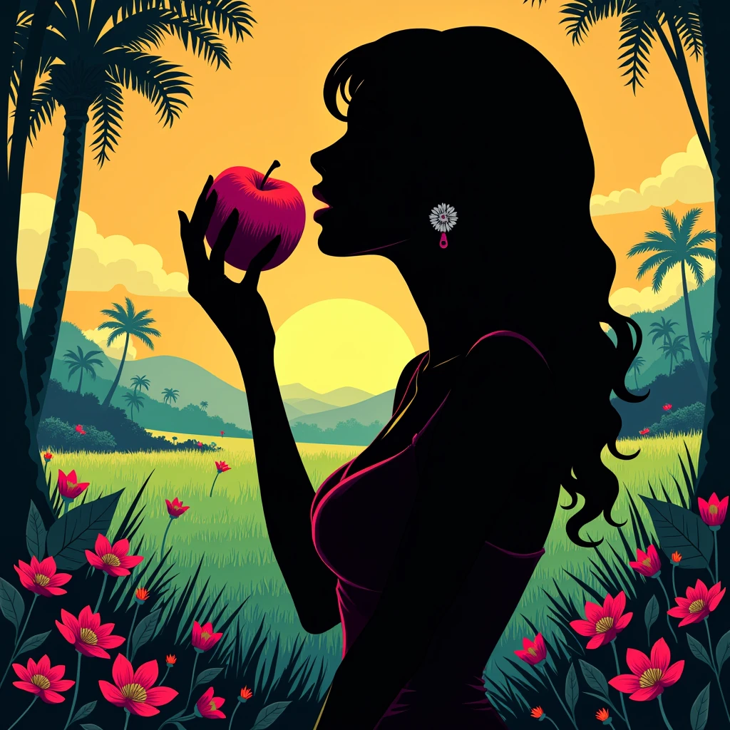 Black shadow of a beautiful woman biting an apple cartoon effect, Vice City GTA, meadow background