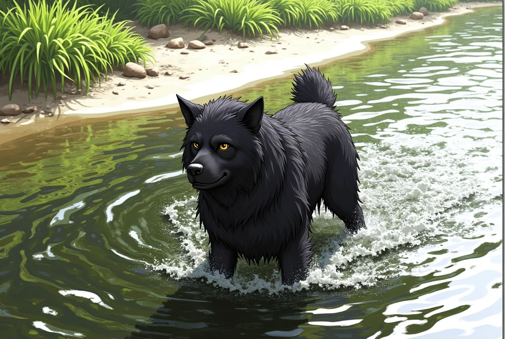 there is an anime style character black dog that is standing in the water, dog, at the waterside, black dog, a handsome, in a pond, in the water, a dog, river in front of him, the photo shows a large, bear, labrador, menacing!, playing with the water, emerging from the water, wet fur, handsome, nice face
