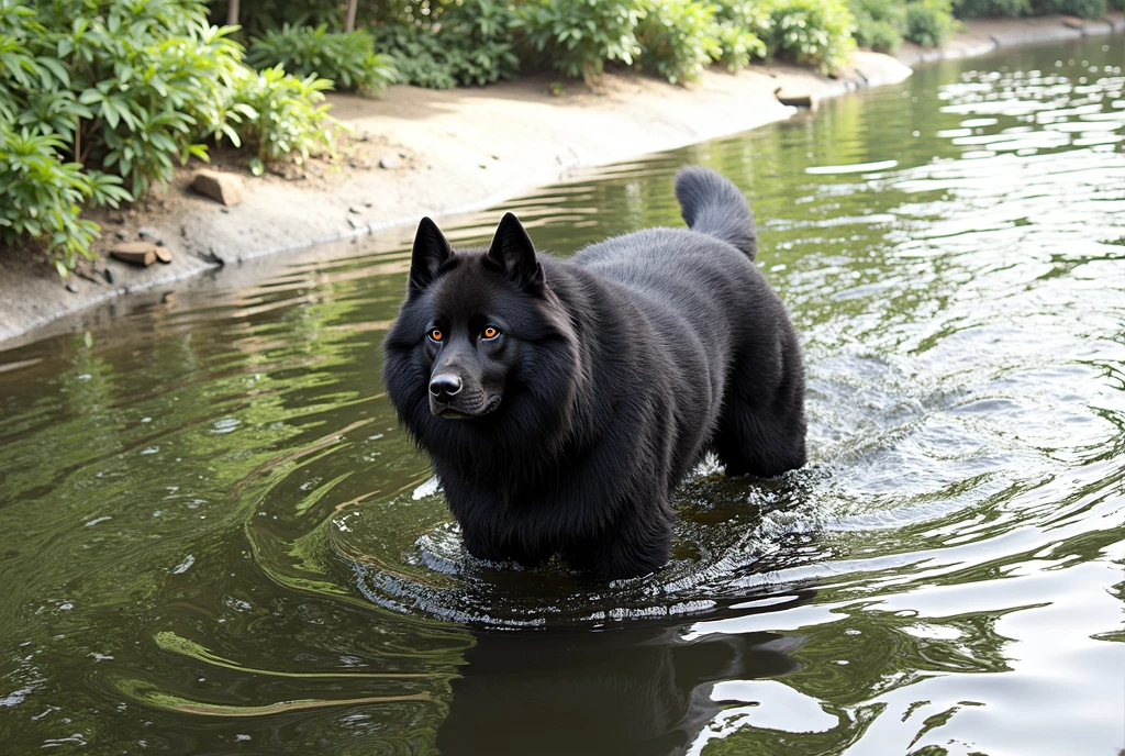 there is an anime style character black dog that is standing in the water, dog, at the waterside, black dog, a handsome, in a pond, in the water, a dog, river in front of him, the photo shows a large, bear, labrador, menacing!, playing with the water, emerging from the water, wet fur, handsome, nice face
