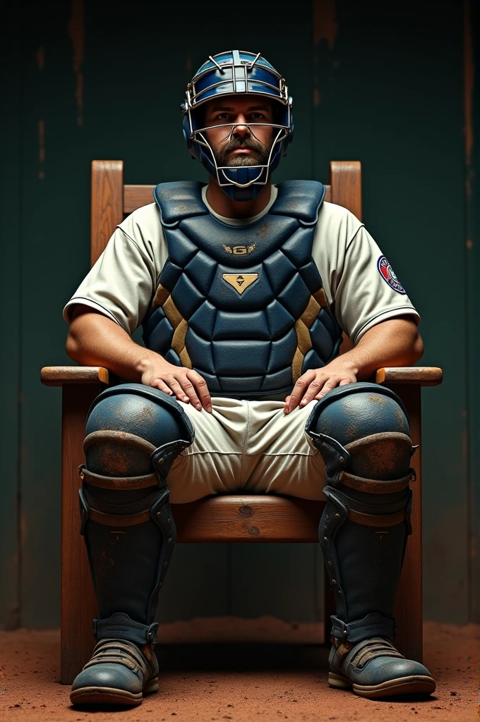 Baseball catcher sitting in a chair