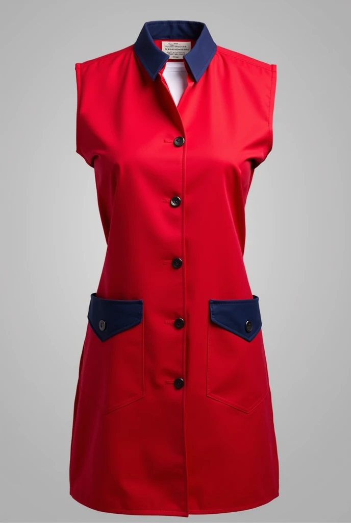 Short fitted sleeveless teacher smock in bright red, with navy blue details on the pockets. With a closure at the front instead of buttons. With V neck