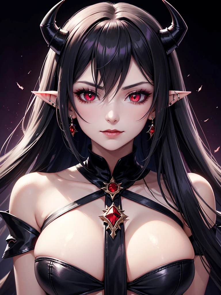 a close up of a woman with dark and a black top, gothic maiden anime girl, anime in fantasy style, 1  anime goth girl, stunning anime face portrait, with long hair and piercing eyes, portrait knights of zodiac girl, detailed portrait of anime girl, crimson red eyes, female anime character, beautiful alluring anime woman, High Resolution, pointy ears, vampire, vampire crownClosed Mouth, Makeup, Smirk, dark, dark atmosphere,Hair Ornament, Jewelry, Crown, Tiara, X Hair Ornament, Horns, Demon Horns, Looking at viewer, 