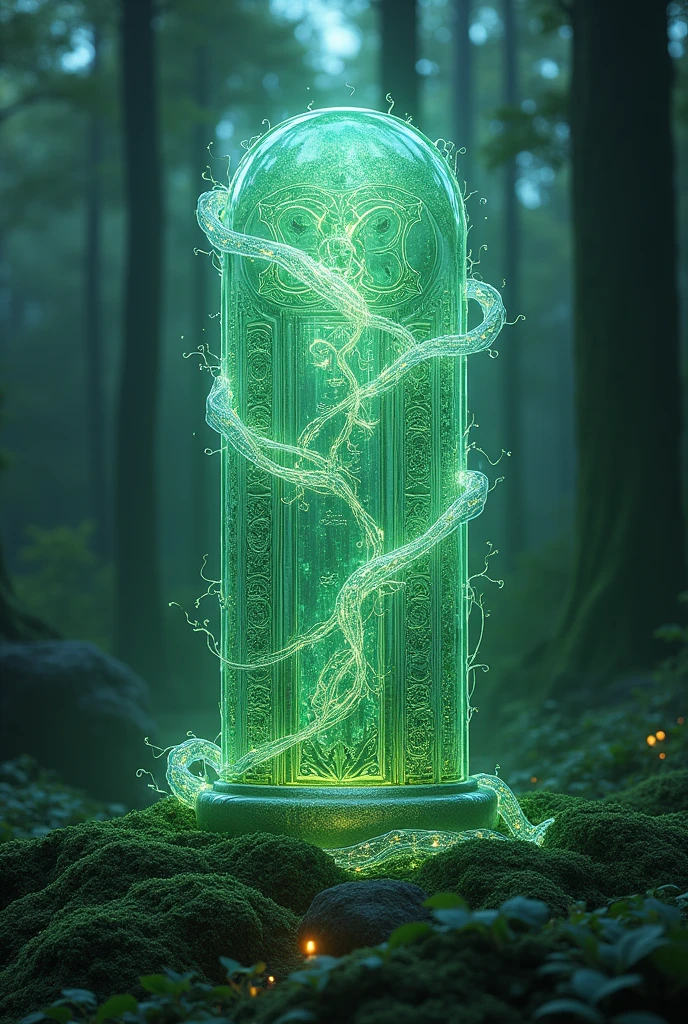 An ancient relic, buried deep within the mystical forests of Nova Aeterna, covered in glowing runes and entangled in luminous vines. The relic pulses with a mysterious, otherworldly energy, shooting beams of light into the sky. The scene is captured in 8k resolution, with hyper-detailed textures, ray-traced reflections, and volumetric lighting that highlights the relic’s power and significance