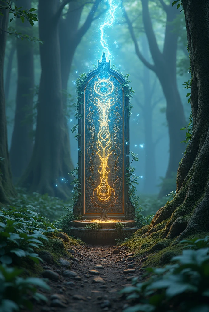 An ancient relic, buried deep within the mystical forests of Nova Aeterna, covered in glowing runes and entangled in luminous vines. The relic pulses with a mysterious, otherworldly energy, shooting beams of light into the sky. The scene is captured in 8k resolution, with hyper-detailed textures, ray-traced reflections, and volumetric lighting that highlights the relic’s power and significance