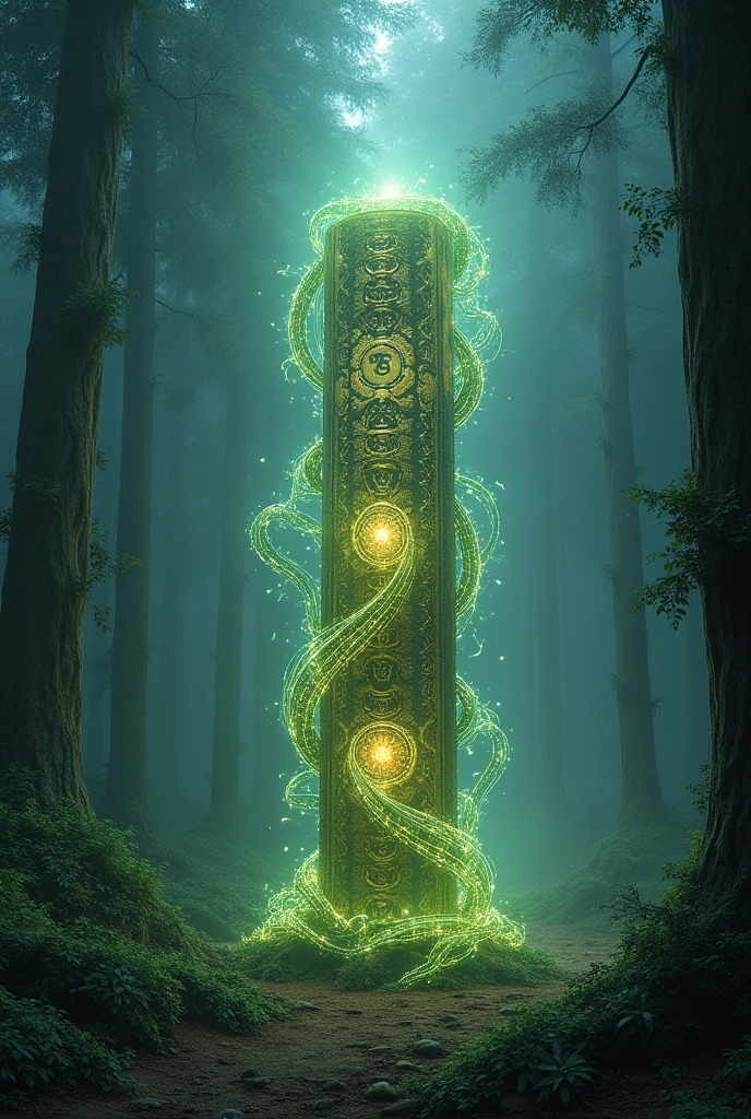 An ancient relic, buried deep within the mystical forests of Nova Aeterna, covered in glowing runes and entangled in luminous vines. The relic pulses with a mysterious, otherworldly energy, shooting beams of light into the sky. The scene is captured in 8k resolution, with hyper-detailed textures, ray-traced reflections, and volumetric lighting that highlights the relic’s power and significance