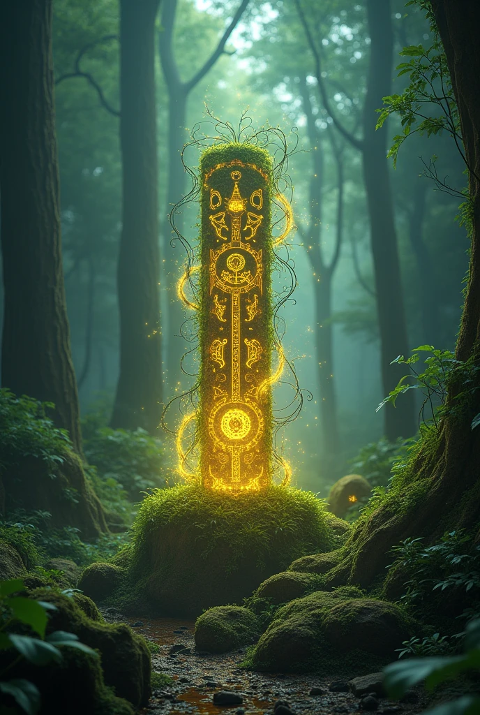 An ancient relic, buried deep within the mystical forests of Nova Aeterna, covered in glowing runes and entangled in luminous vines. The relic pulses with a mysterious, otherworldly energy, shooting beams of light into the sky. The scene is captured in 8k resolution, with hyper-detailed textures, ray-traced reflections, and volumetric lighting that highlights the relic’s power and significance