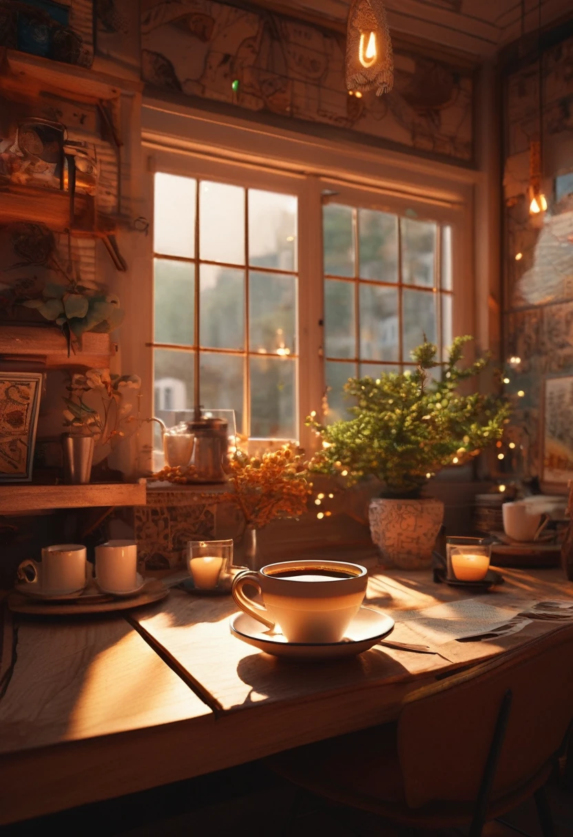 Aesthetic coffee wallpaper, 8k, masterpiece, cozy room space