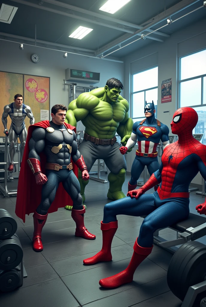create an image with the superheroes Thor, Hulck, Superman, captain America, Batman and Spiderman, everyone working out in the gym appearing in the image in the same environment, some sitting on a device, another making a treadmill, another one doing bench press, another doing other exercises.