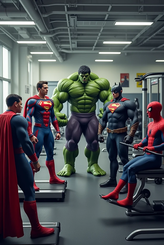 create an image with the superheroes Thor, Hulck, Superman, captain America, Batman and Spiderman, everyone working out in the gym appearing in the image in the same environment, some sitting on a device, another making a treadmill, another one doing bench press, another doing other exercises.