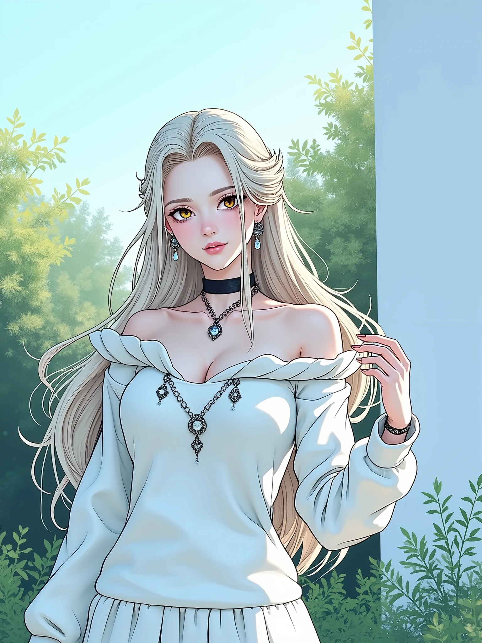 1girl in, age19, Solo, Long hair, Colossal , Looking at Viewer, blondehair, Bare shoulders, Brown eyes, jewely, Full body, a necklace, off shoulders, Sweaters, Realistic, A sexy