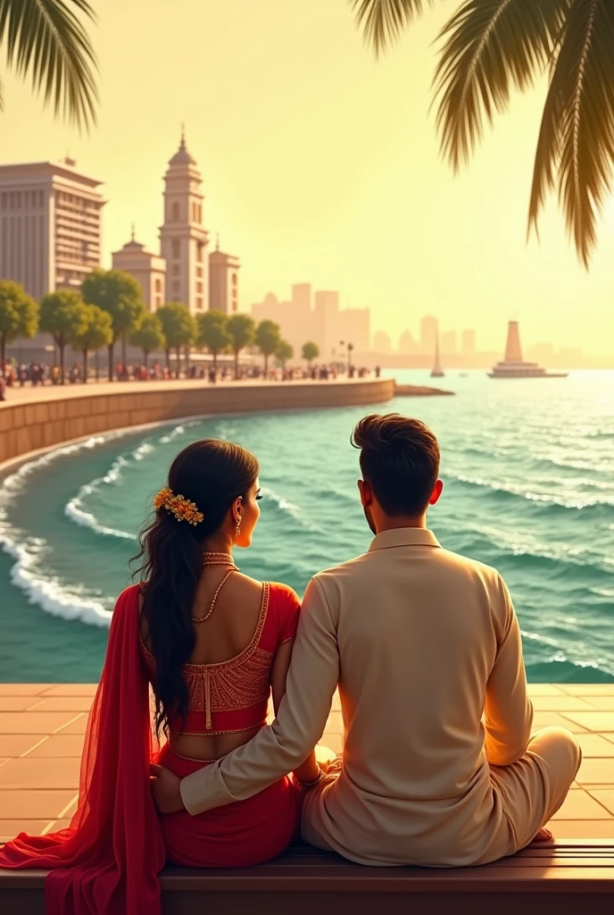 Create a image of a indian couple seating at marine drive, mumbai.