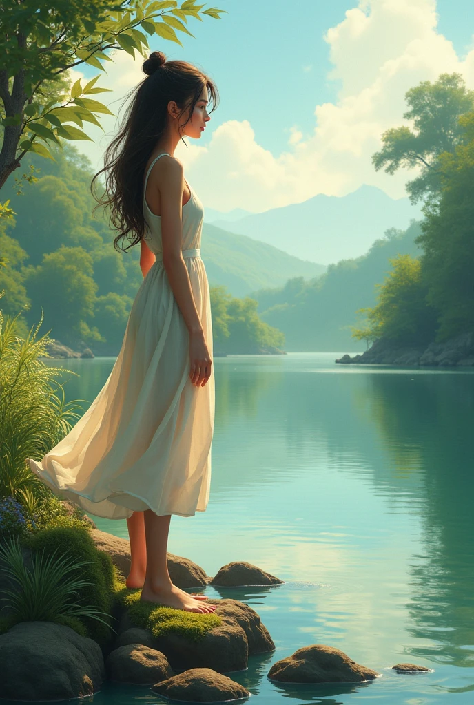 ((Stunning Impressionistic watercolour painting)), ((Epic masterpiece of Monet)), ((highest quality, Highest image quality, High resolution, 8K)), in focus A silhouette of a beautiful seductive Girl posing near a lake at fantastic sunset, with mountains in the background and calm waters reflecting lucient hues.
