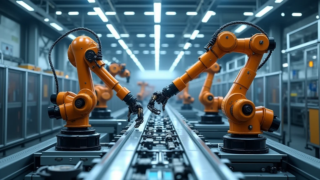 : An AI-operated assembly line in a high-tech factory, with robotic arms moving with precision and speed. 8k