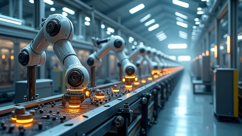 : An AI-operated assembly line in a high-tech factory, with robotic arms moving with precision and speed. 8k