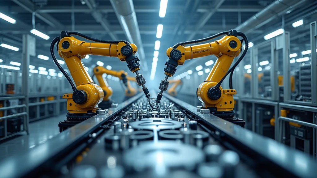 : An AI-operated assembly line in a high-tech factory, with robotic arms moving with precision and speed. 8k  