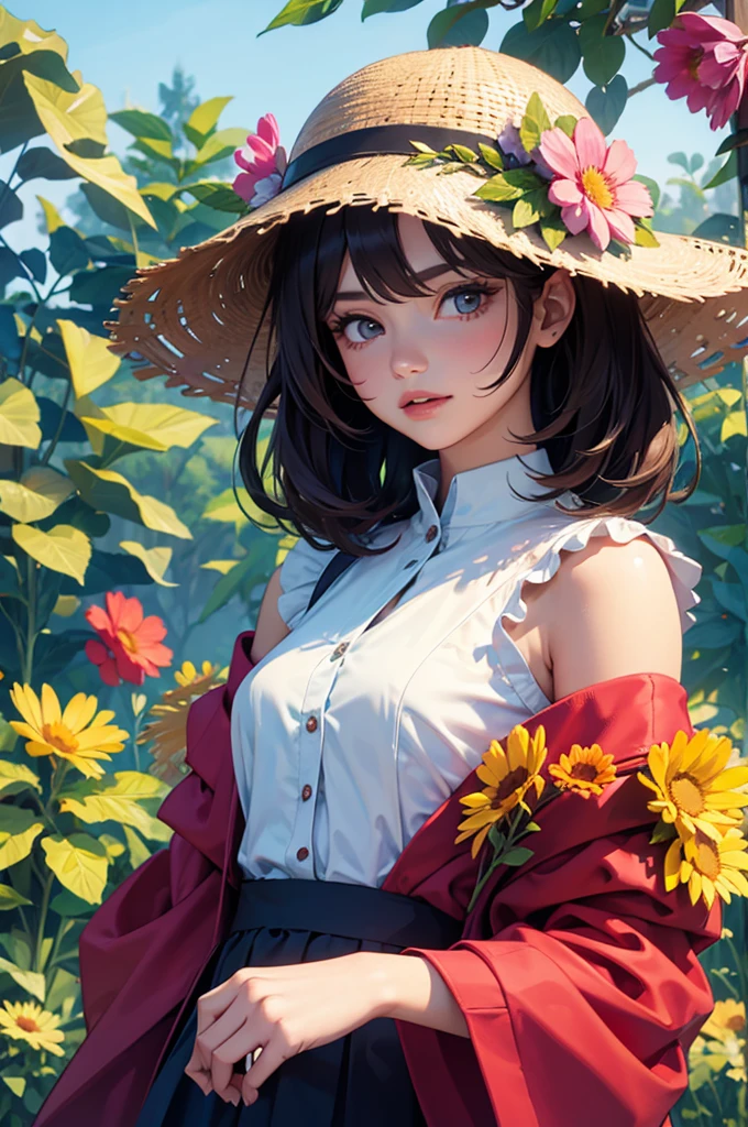 Girl surrounded by colorful flowers, upper body