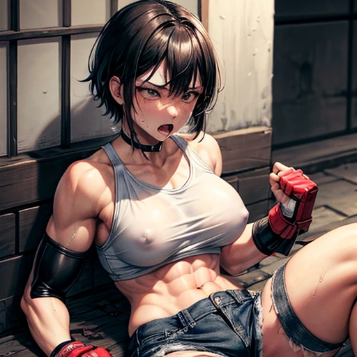 a japanese female streetfighter is beated down in the backstreet. She has the will to fight. she is trying to stand from down.She is glaring at the opponent with an upward glance. A bloodied and bruised female fighter looks down, mouth wide open, She has a lot of punches from the male fighter. she has big pain. she is damaged terribry. Short-cut black hair, out of breath, drooling from mouth, exhausted, drenched in sweat. Erect nipples, open finger glove, Whittled waistline, muscular, six-pack abs, Ragged tanktop and denimshorts. Puffy nipples.