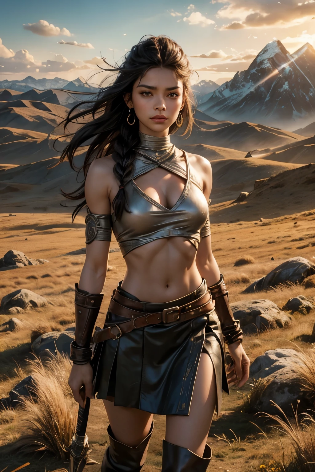 Style: "Prehistoric fantasy setting with a focus on authentic primitive clothing and accessories, reflecting the materials and craftsmanship of early human cultures."
Steppe warrior Maya is a beautiful prehistoric woman of the Mongoloid race.
Face: Rounded, with soft features. Almond-shaped brown eyes, short and straight nose. Lips of medium thickness, natural pink color. The hair is black, straight, long, braided into one thick braid. The skin is light olive.
Body: Medium height, slender and flexible, slightly muscular figure. The breasts are small, the stomach is tight, the hips are round, the legs are strong and flexible.
Tattoo: A primitive pattern of wavy lines running from the right collarbone to the middle of the chest. Three black dots near the outer corner of the left eye.
Clothing:
A short leather top that leaves the stomach exposed. A skirt made of leather, with an asymmetrical cut that covers one leg more than the other.
High knee-high leather boots with fur trim.
Outside:
Maya stands on a hill, holding a spear raised above her head. She leaned forward a little, as if preparing to throw a spear.
Facial expression: Brave, determined, eyes focused, lips slightly pursed, as if before an important throw.
Background:
Wide steppe area with tall grass swaying under the influence of the wind. Low mountains illuminated by the setting sun can be seen on the horizon.
