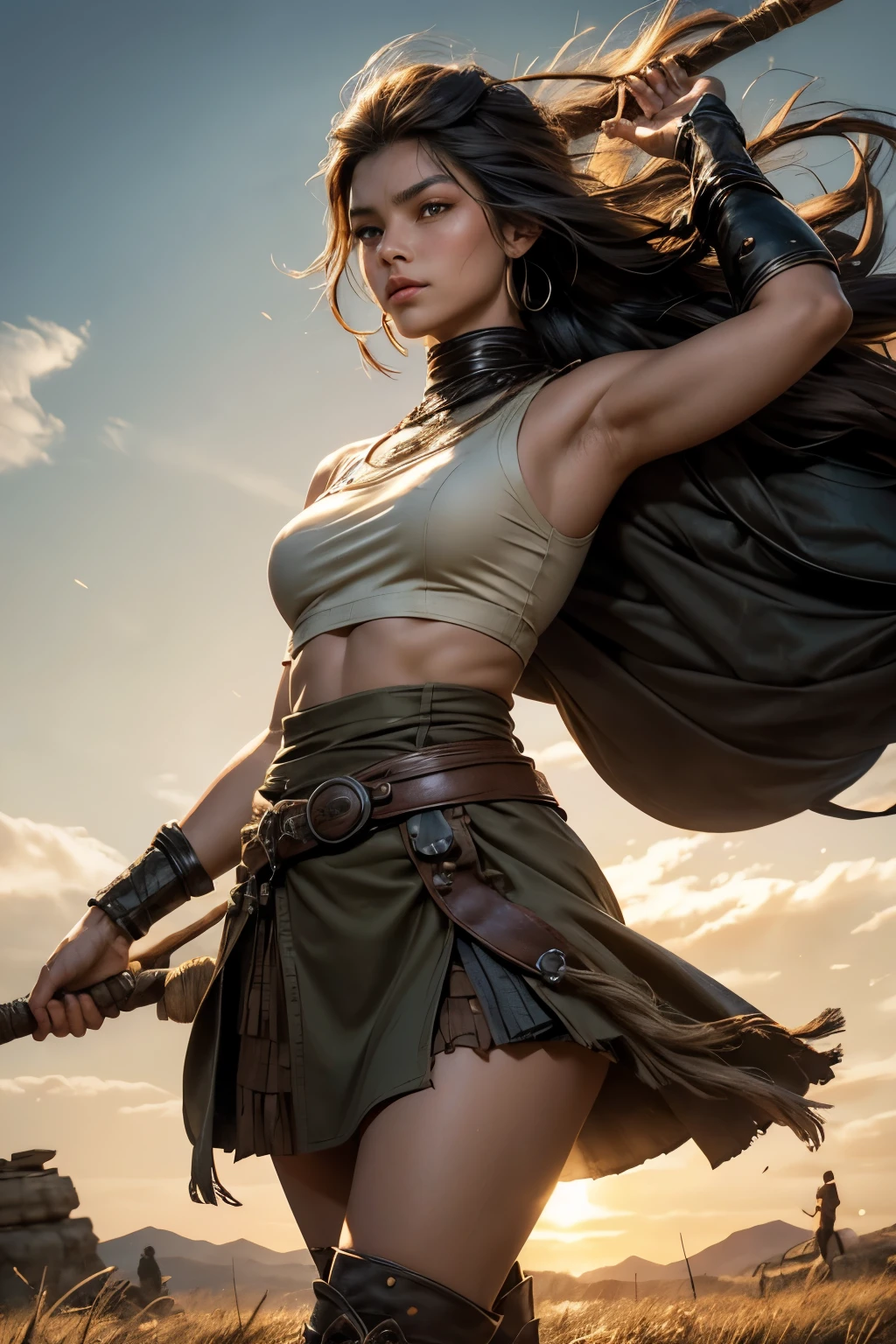 Style: "Prehistoric fantasy setting with a focus on authentic primitive clothing and accessories, reflecting the materials and craftsmanship of early human cultures."
Steppe warrior Maya is a beautiful prehistoric woman of the Mongoloid race.
Face: Rounded, with soft features. Almond-shaped brown eyes, short and straight nose. Lips of medium thickness, natural pink color. The hair is black, straight, long, braided into one thick braid. The skin is light olive.
Body: Medium height, slender and flexible, slightly muscular figure. The breasts are small, the stomach is tight, the hips are round, the legs are strong and flexible.
Tattoo: A primitive pattern of wavy lines running from the right collarbone to the middle of the chest. Three black dots near the outer corner of the left eye.
Clothing:
A short leather top that leaves the stomach exposed. A skirt made of leather, with an asymmetrical cut that covers one leg more than the other.
High knee-high leather boots with fur trim.
Outside:
Maya stands on a hill, holding a spear raised above her head. She leaned forward a little, as if preparing to throw a spear.
Facial expression: Brave, determined, eyes focused, lips slightly pursed, as if before an important throw.
Background:
Wide steppe area with tall grass swaying under the influence of the wind. Low mountains illuminated by the setting sun can be seen on the horizon.