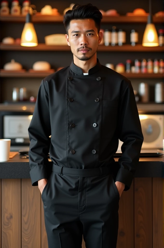 Uniforme negro oversize para restaurante de sushi con imagenes detori