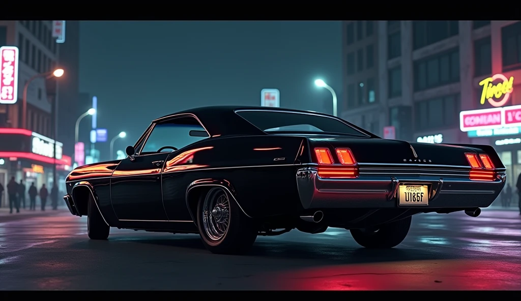 create a gta san andreas style illustration of a black Impala 67 at night from a distance 