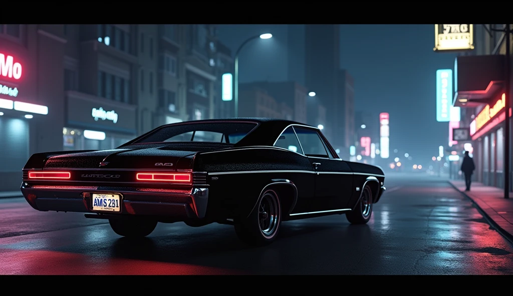 create a gta san andreas style illustration of a black Impala 67 at night from a distance