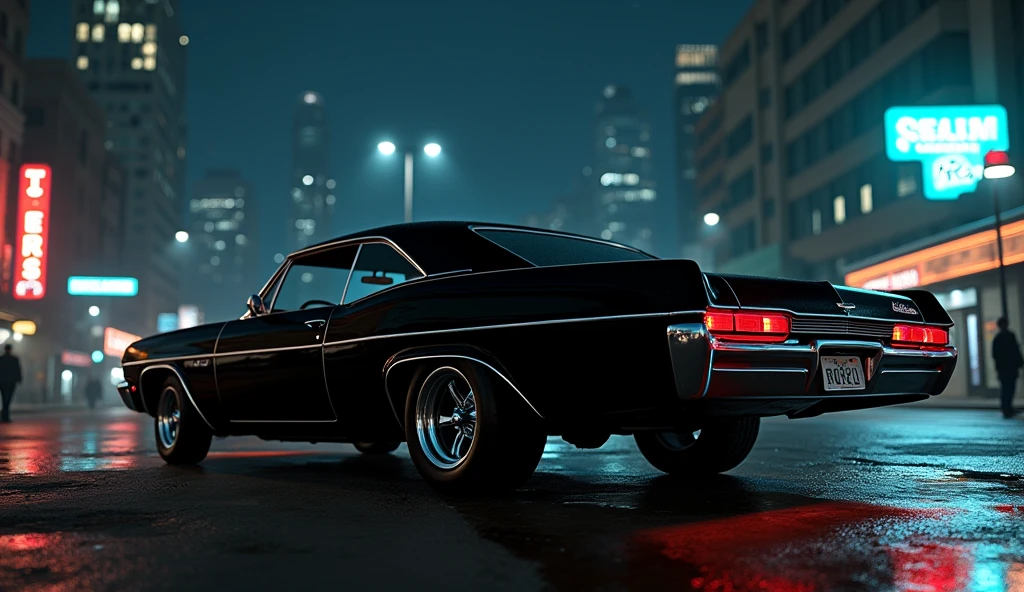 create a gta san andreas style illustration of a black Impala 67 at night from a distance 