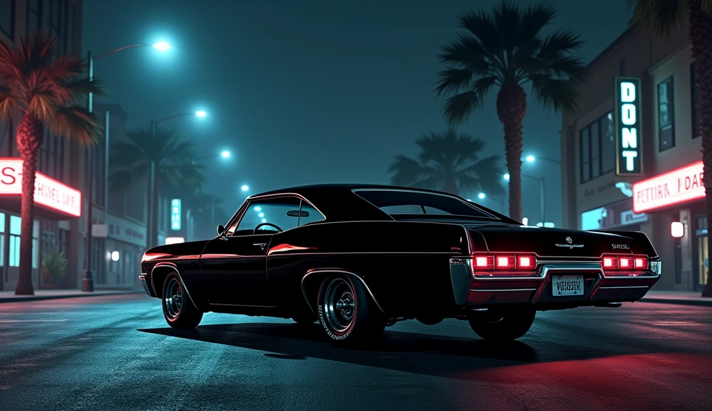 create a gta san andreas style illustration of a black Impala 67 at night from a distance