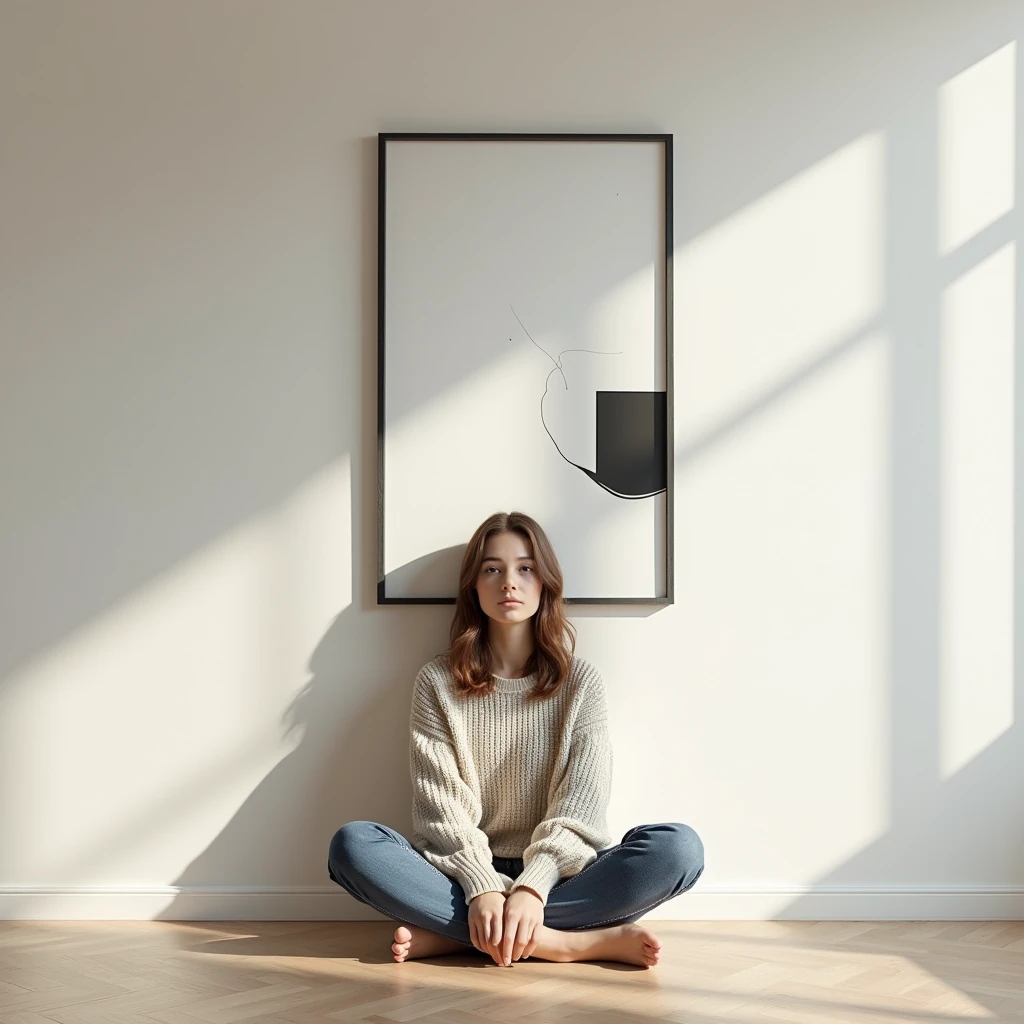 Generate an image of a minimalist Scandinavian-style interior with a large vertical framed poster in the background. In the foreground, a young woman with shoulder-length hair and a neutral expression sits cross-legged on the floor, wearing a cozy sweater and jeans. The frame has an abstract black-and-white art design. Natural sunlight streams in from the side, casting soft shadows on the wall. The atmosphere is calm, modern, and clean